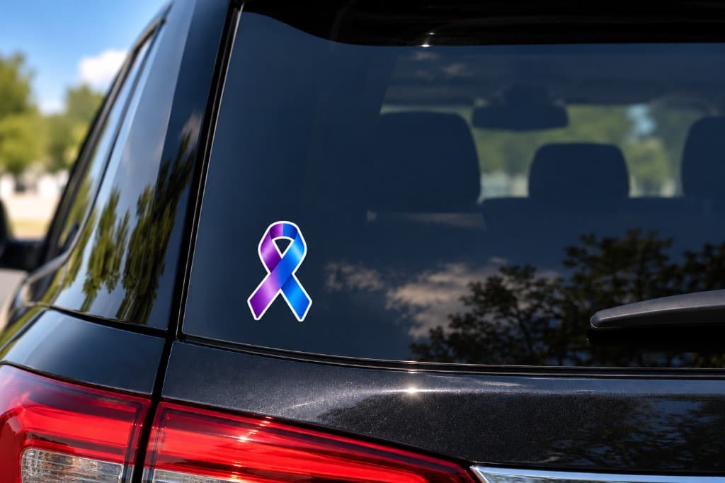 Purple-to-blue ribbon sticker on a car window